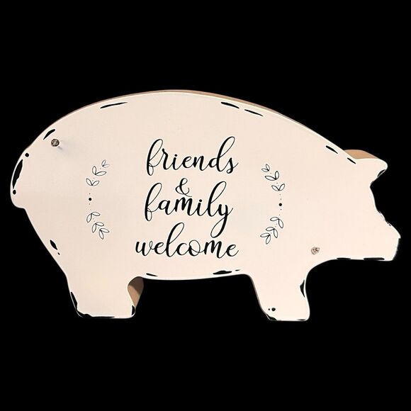 Friends & Family Welcome Rustic Pig Wooden Farmhouse Country Tabletop Decor - Picture 2 of 5
